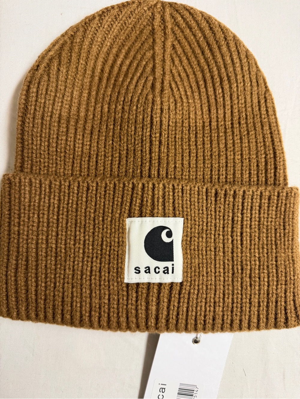 sacai Camel Brown Ribbed Knit Beanie with Logo Patch